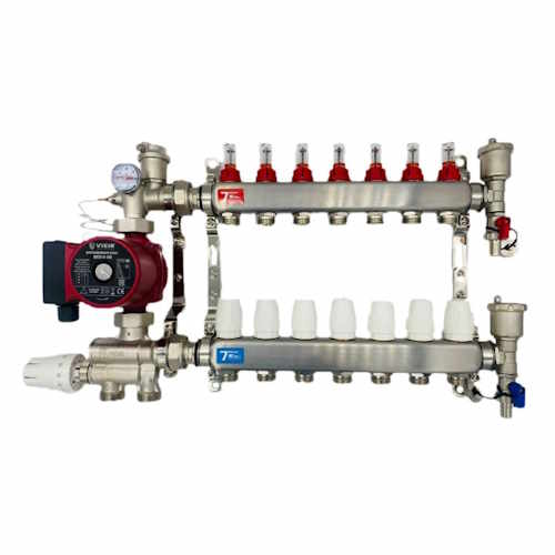 Коллектор для теплого пола на 5 контуров с насосом, насосно-смесительным узлом и евроконусами